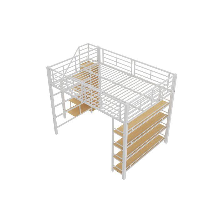 Lit mezzanine - MUVOE - 140x200 cm - Escalier de rangement - Finition blanche - Sécurisé