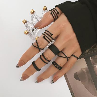 9 ks/sada Punk prsteňov Minimalistická farba Čierna Geometrické kovové prstene pre ženy Dievčatá Párty trendy šperky