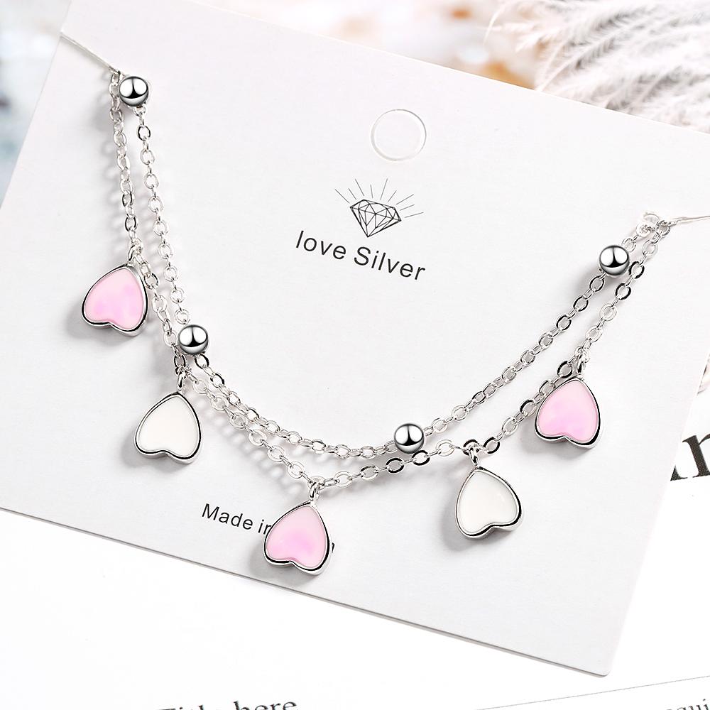 Sweet 925 Sterling Silver Pink Glaze Cherry Blossom Petals Gradient Heart Shaped Double Layer Chain Bracelets