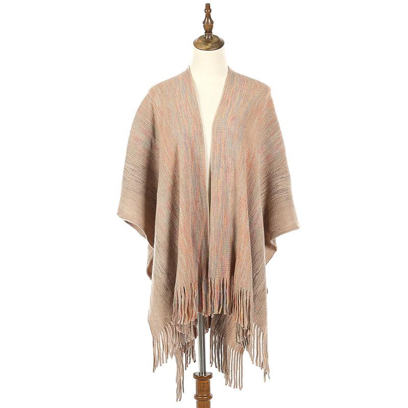 Women Gradient Space‑Dye Tassel Poncho Cape, Polyester Knit Open Front Shawl Wrap, Casual Soft Oversized Shoulder Cover Outerwear