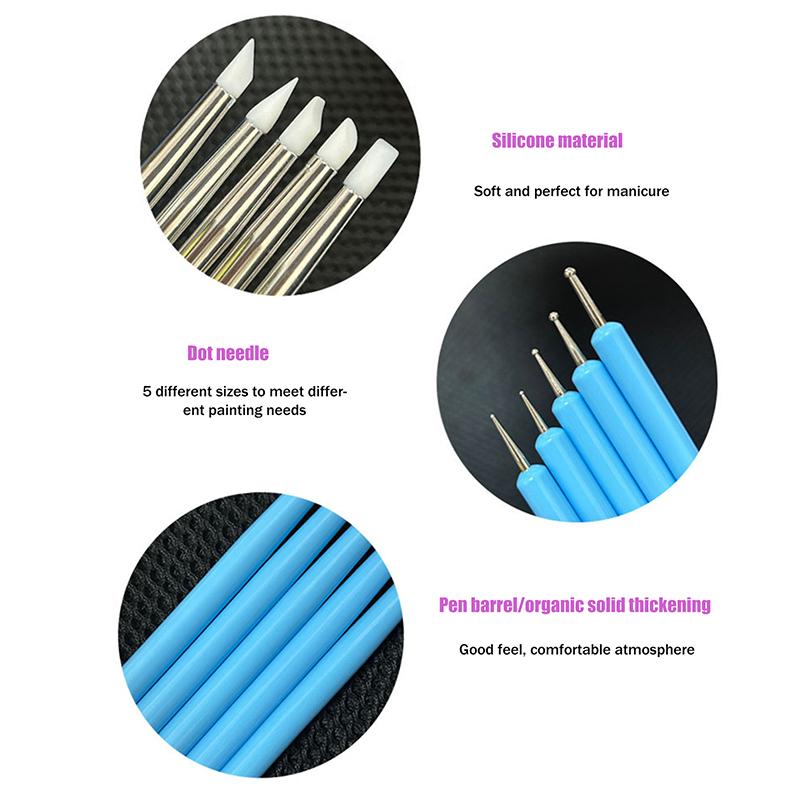 5Pcs 2 Way Nail Art Acrylic Silicone Point Flower Nail Pen Stainless Steel Dotting Tools Marbleizing Painting Pens