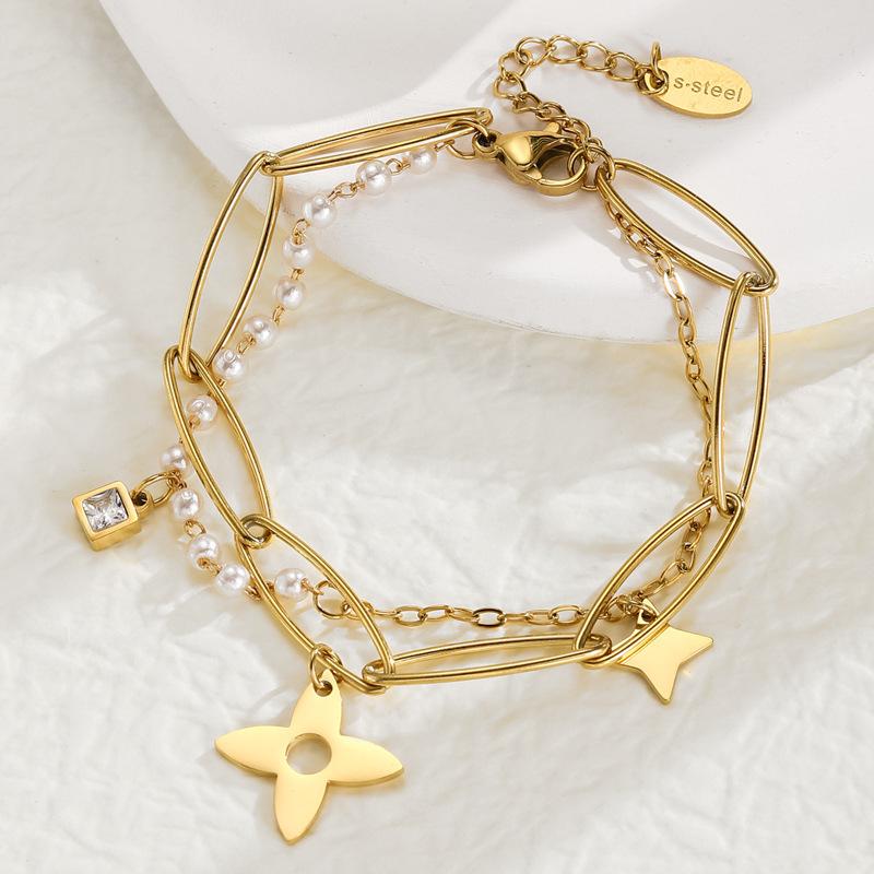 

Браслет из четырех листьев травы с жемчугом и цирконом с двухслойным браслетом, лучший подарок для девочек