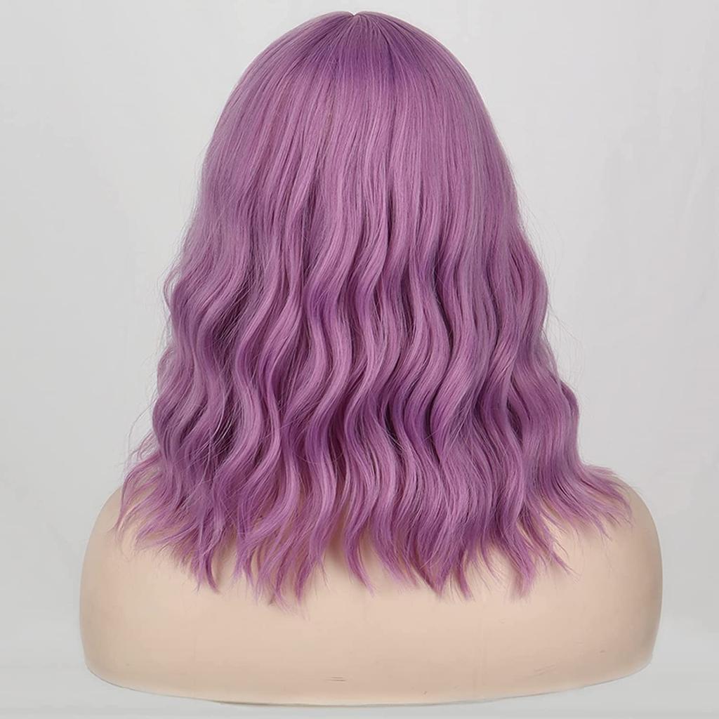 MISSQUEEN Perucă ondulată naturală până la umăr pentru femei cu breton Perucă ondulată violet din fibră sintetică pentru petrecerea cosplay de Halloween