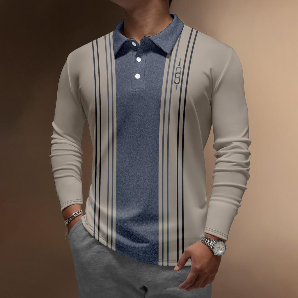 Herren-Revers-Langarm-bedrucktes Freizeit-Oberteil, lockeres Sport-Revers-Hemd