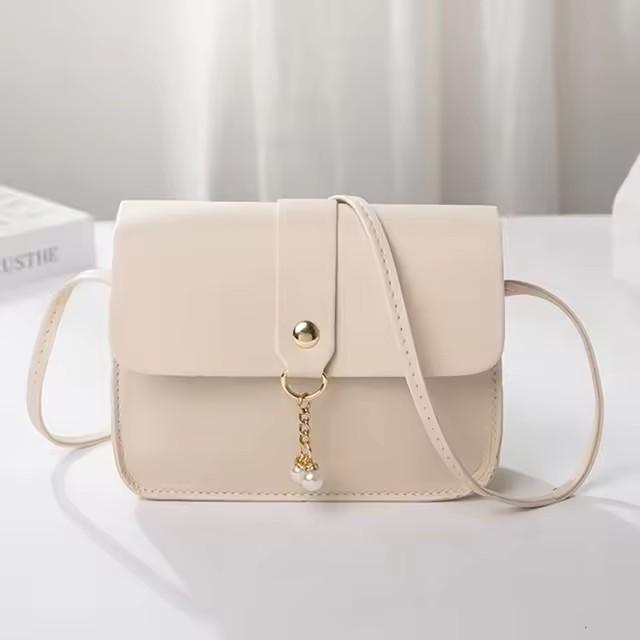 Women's PU Leather Small Square Crossbody Bag, Luxury Shoulder Bag with Pearl Pendant