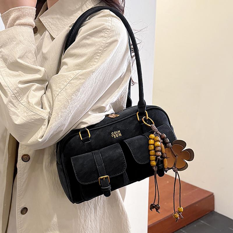 Womens Retro Solid Color Suede Leather Shoulder Bag with Multiple Pockets Large Capacity Comes with A Detachable Accessory Charm
