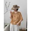 Women Floral Embroidered Round Neck Half Sleeve Linen Cotton Blend Blouse