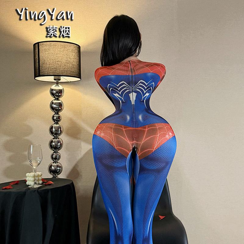 Smoke lingerie seduction spider-man cosplay uniform hot passion open crotch free home pajamas