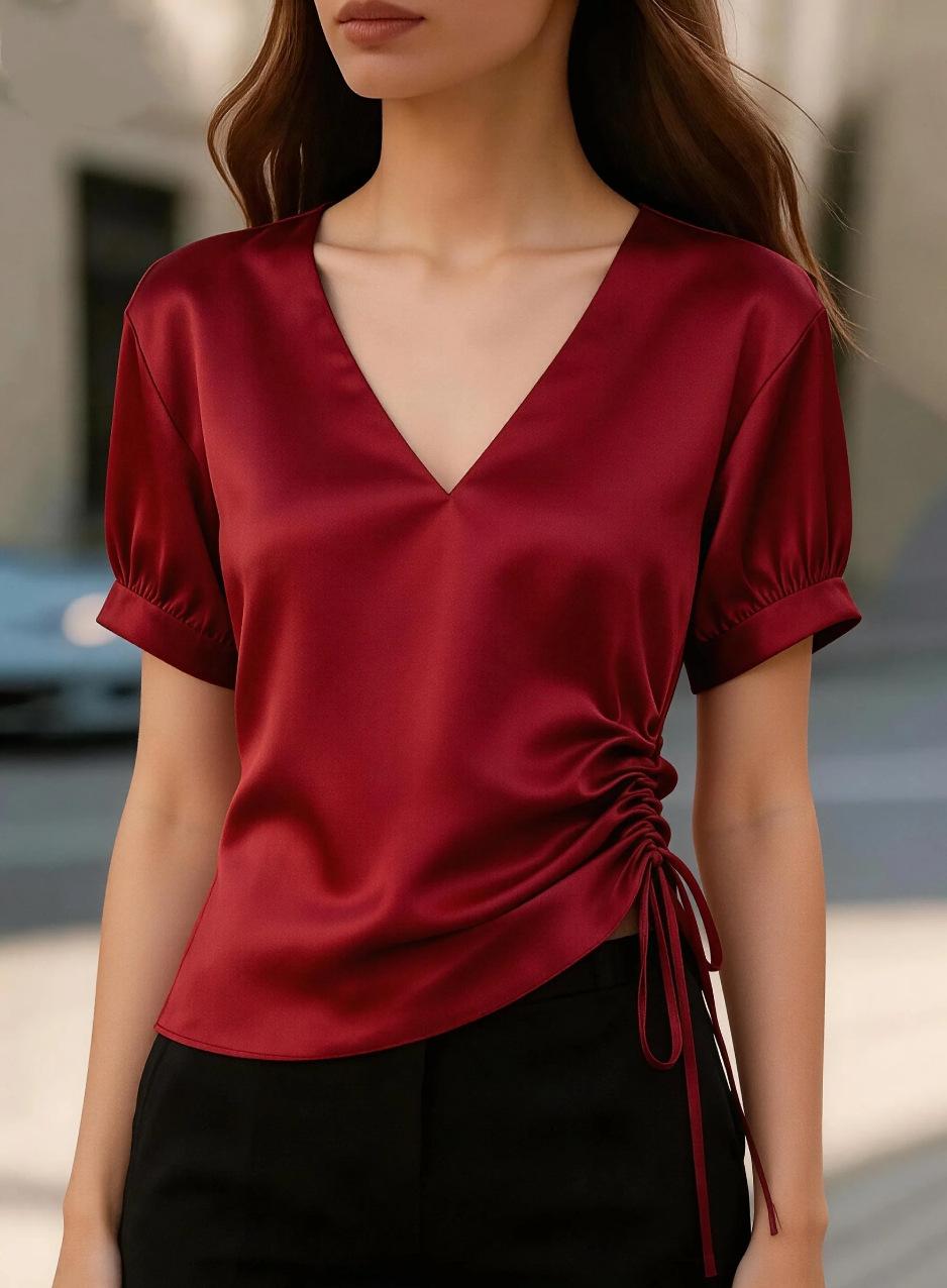 Womens Satin V Neck Drawstring Short Sleeve Top S
