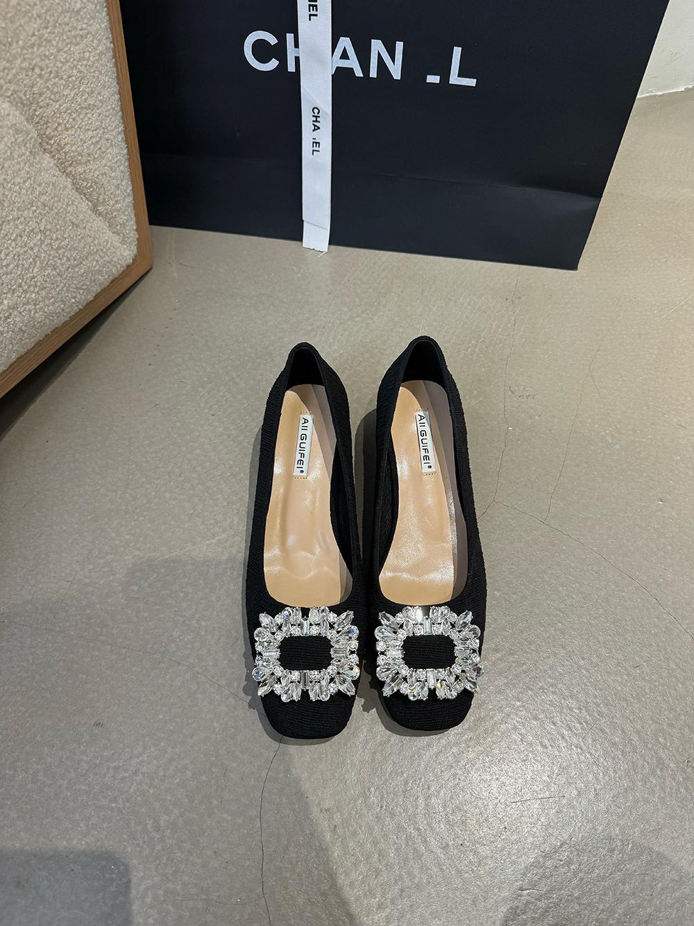 

fashion Square Toe Women Pumps Satin Shallow Slip On Square Mid Heeled Black Pink Green White Rhinestone Crystal Buckle Dress Shoes 40 5.5 чёрный