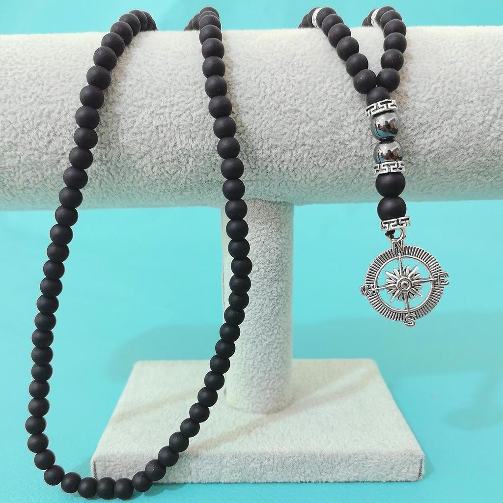 Matte Black Agate Alloy Compass Pendant Necklace - Simple Classic Yoga Design