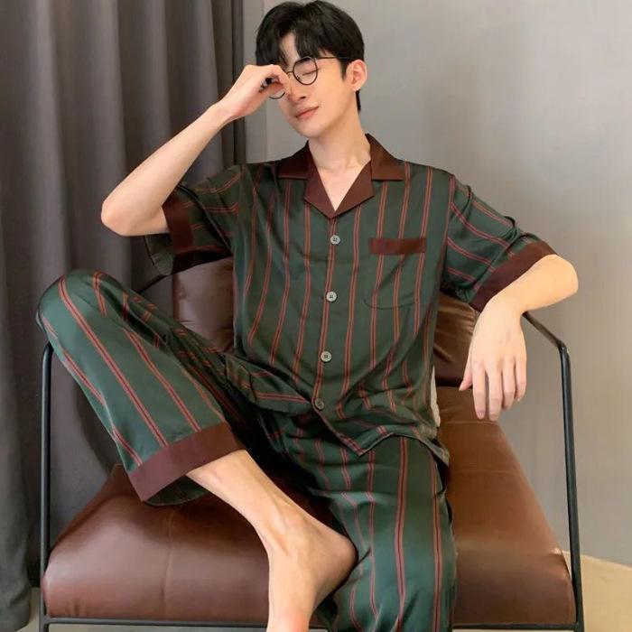 Men's Summer Ice Silk Pajama Set: Long Sleeve, Long Pants, Loose-Fit, Cooling Style.