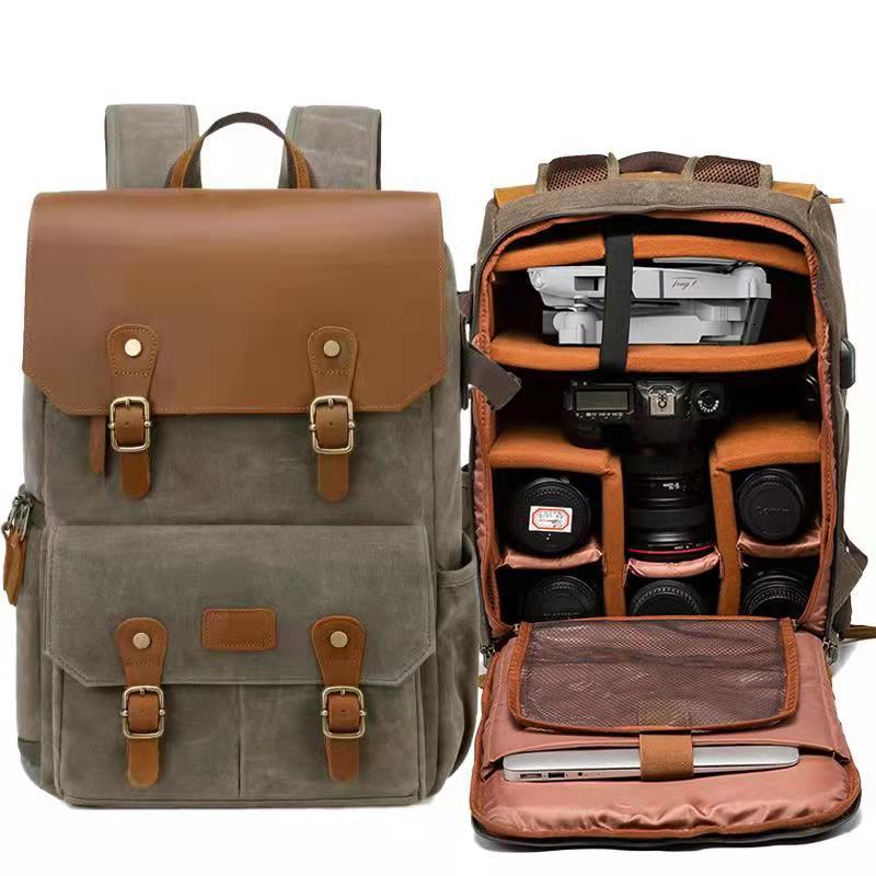 Professional Waterproof Waxed Canvas DSLR Camera Backpack USB Charging Por Large High-End Camera Bag Backpack Camera Drone Backpack