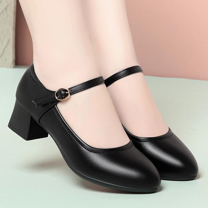 Cheongsam Catwalk Shoes Women's Medium Heel Leather Shoes Thick Heel Work Shoes One-button Black Round Head Professional Single Shoes