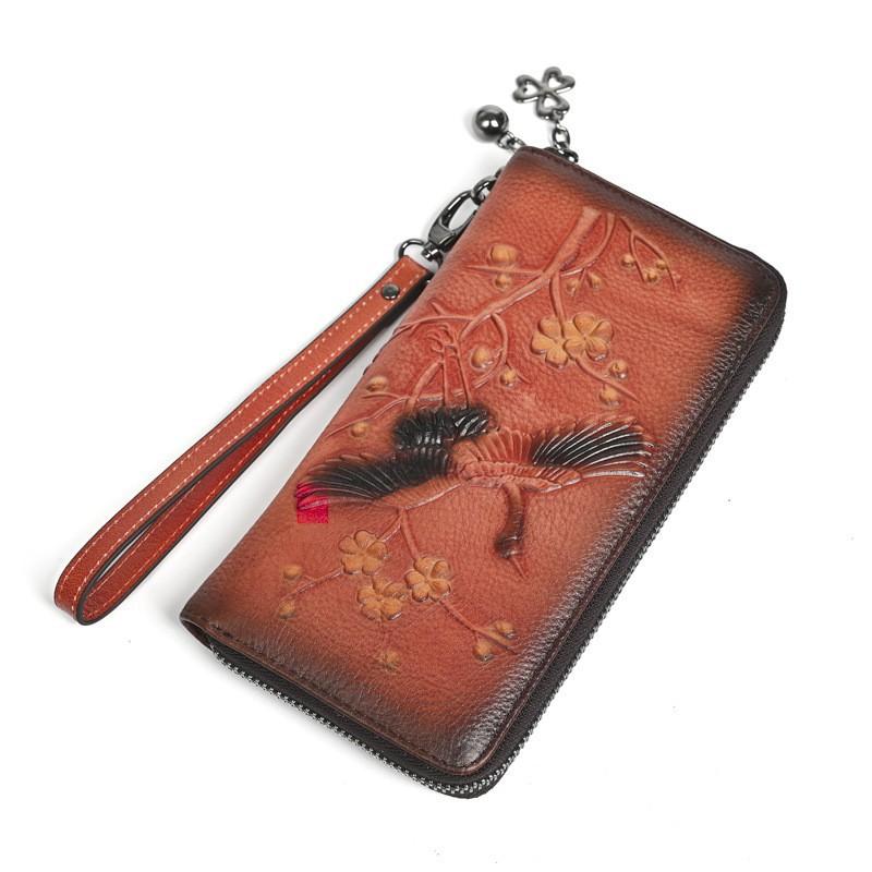 Retro Embossed Polished Wallet Genuine Leather Women's Zero Long Mobile Phone Zipper Bag Clutch