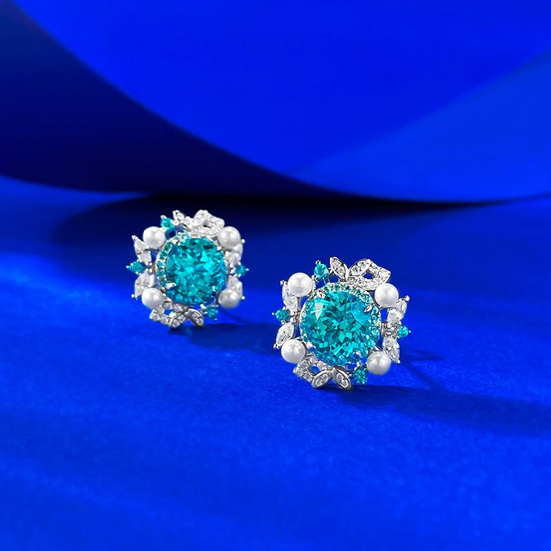 One Carat Paraiba Blue Jacaranda Flower Pearl Stud Earrings Light Luxury
