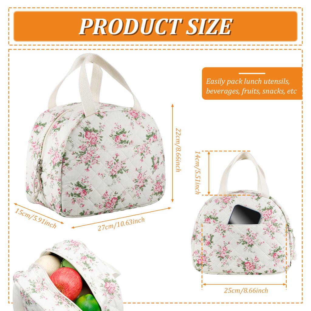 Lunch Bag with Handle for Women Reusable Lunch Tote Bag with Double Zippers and Outside Pocket for Work School Travel Picnic