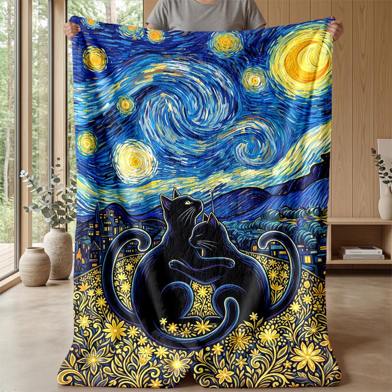 Starry Night Cat Theme blanket Lightweight Warm Flannel Blanket Decorative Throw Blanket for Home Decoration