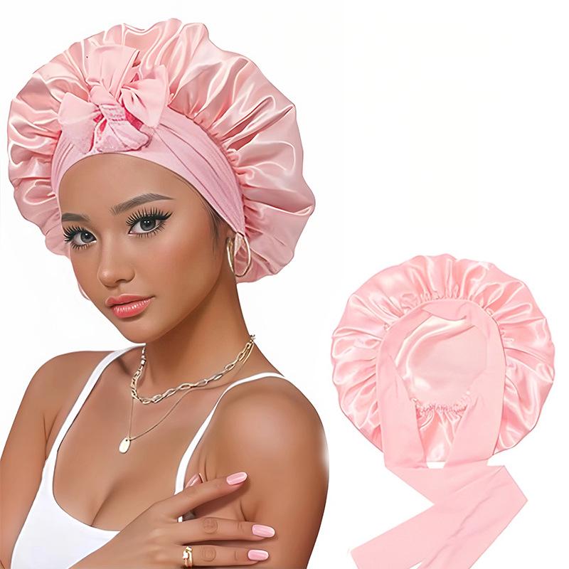 Women's Double-Layer Elastic Satin Sleep Cap - Wide Brim Hair Protection with Bow Ribbon