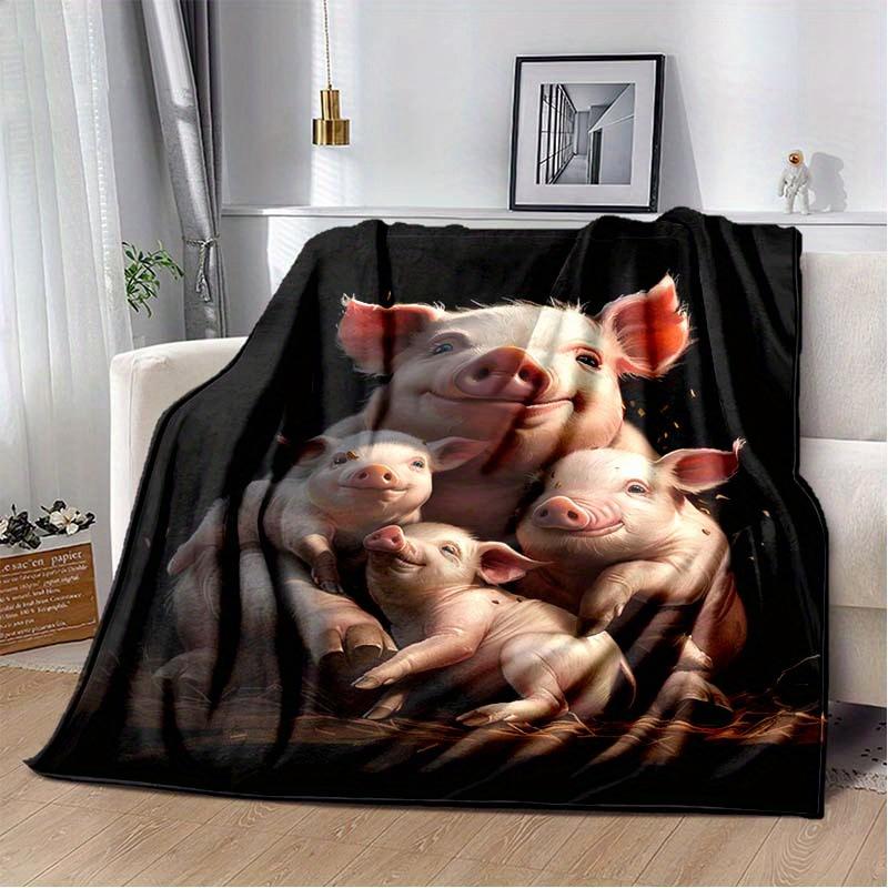 Smiling Pig Family Pattern Flannel printed blanket suitable for all seasons suitable for living room office sofa and travel