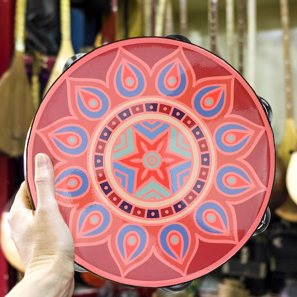 8 Inch Wooden Tambourine - Hand Held Musical Instrument with Stainless Steel Jingles, Multi-Color Design for Dance, Performance, Wedding, and Parties