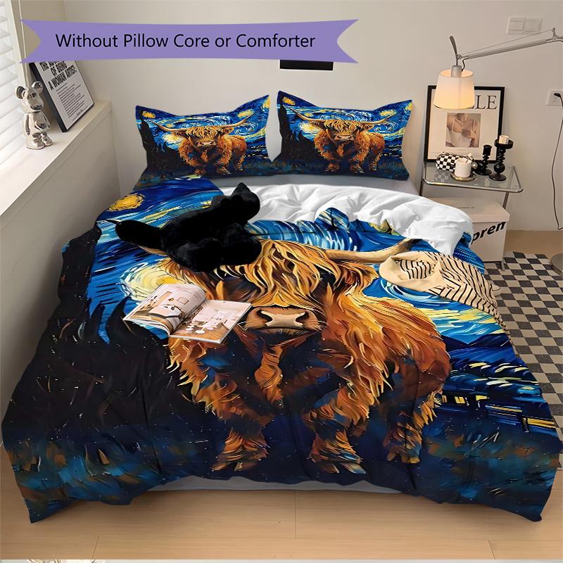 3pcs Starry Night Highland Cow Comforter Set with 1 Quilt Cover and 2 Pillowcases (No Core) - Home Decor, Festival Gift, Polyester Fabric, Anime Carto
