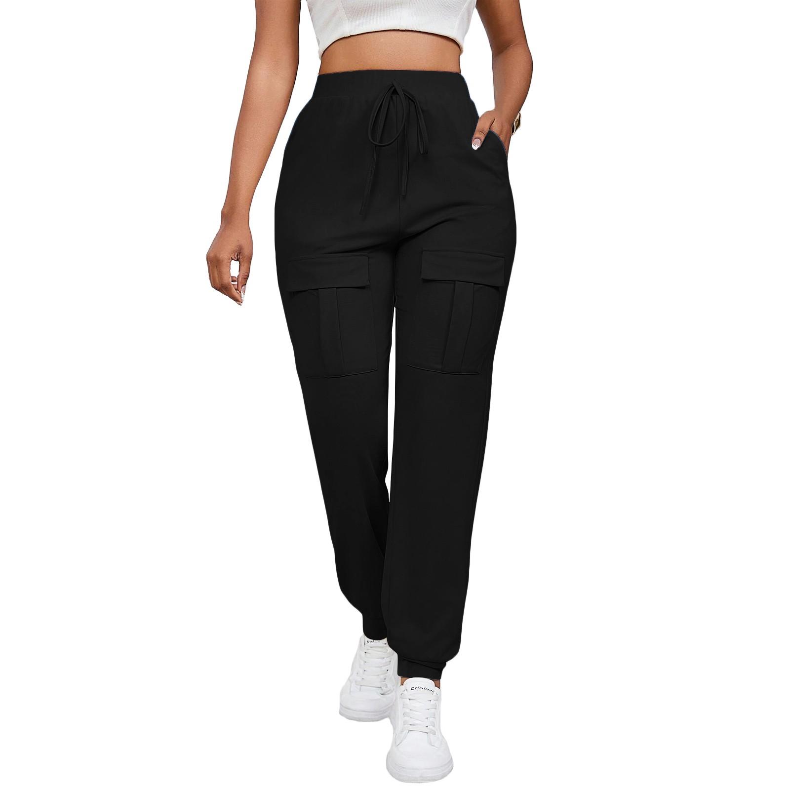 

Женские модные однотонные однотонные уличные леггинсы с несколькими карманами на шнуровке XL чёрный