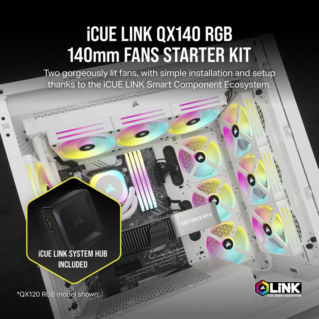 Corsair Zestaw startowy ICUE LINK QX140 RGB, biały, wentylator obudowy PC PWM RGB, 140 mm, kabel koncentratora systemu iCUE LINK (2 wentylatory, zestaw) CO-9051008-WW