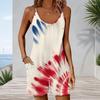 Women Plus Size Sleeveless Cami Short Romper Red Blue Tie Dye Gradient Print Jumpsuit With Side Pockets