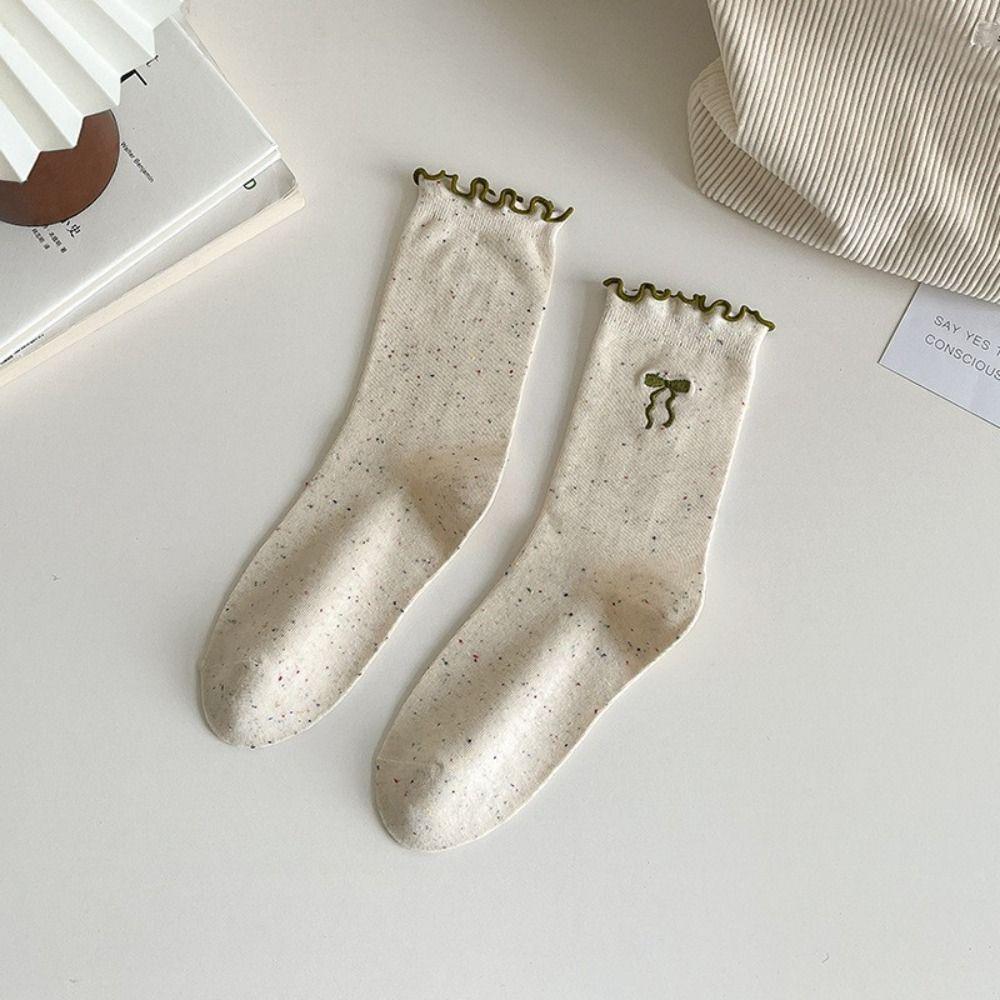 5Pairs Embroidery Ruffled Socks Women Cat Mid-calf Cotton Socks Sweet Bowknot Sock  Women's