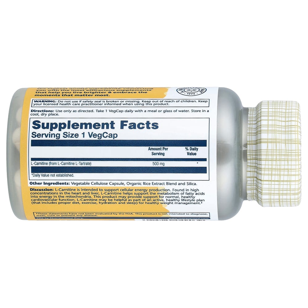 Solaray L-Carnitine 500mg Veggie Capsules, 30 Count