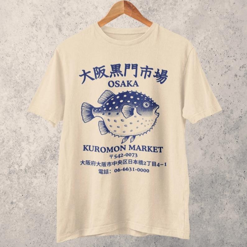 Japanse Vismarkt Osaka Kuromon Kogelvis T-shirt Retro Zeevruchten T-shirt Oceaan Nostalgie Japanse Streetwear Harajuku Y2k Mannen Vrouwen