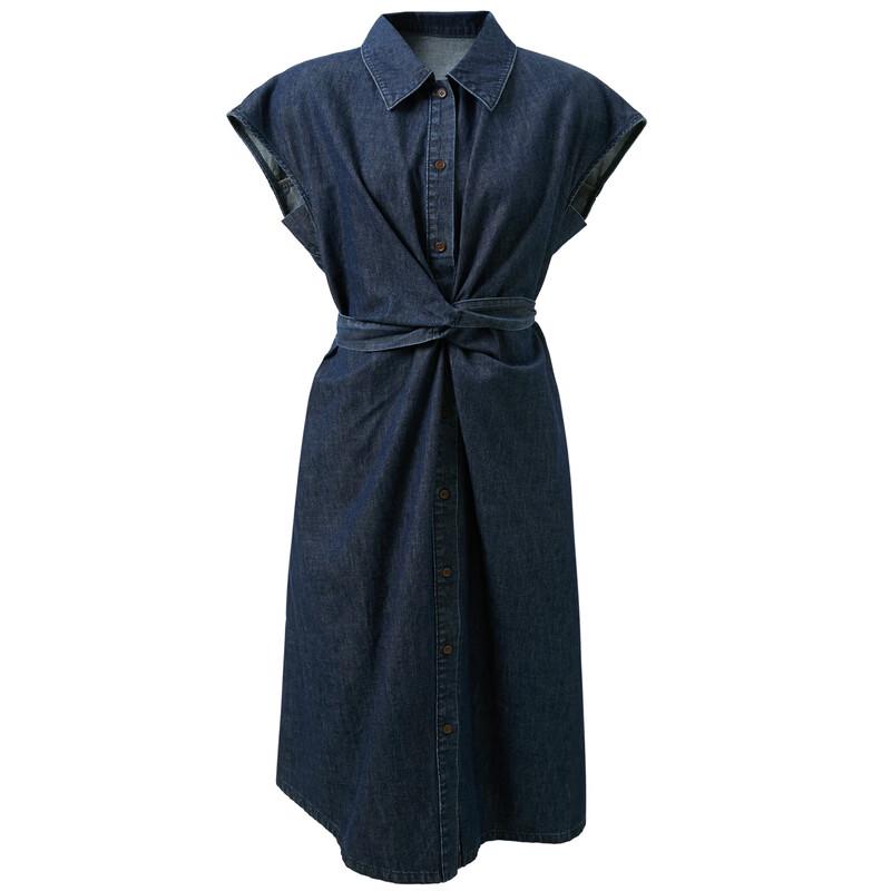 SanCai 100% Cotton Tie-Waist Denim Midi Dress