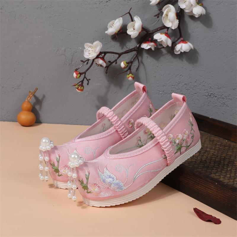 

Сандалии для девочек с вышитыми бабочками и жемчугом, студенческие сандалии в китайском стиле, костюм ханьфу, тканевая обувь для выступлений 27(insole 17.5cm) розовый