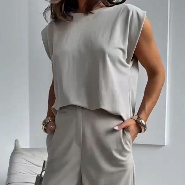 2025 European & American Autumn/Winter Women's Sleeveless Solid Casual T-Shirt and Wide-Leg Pants Set