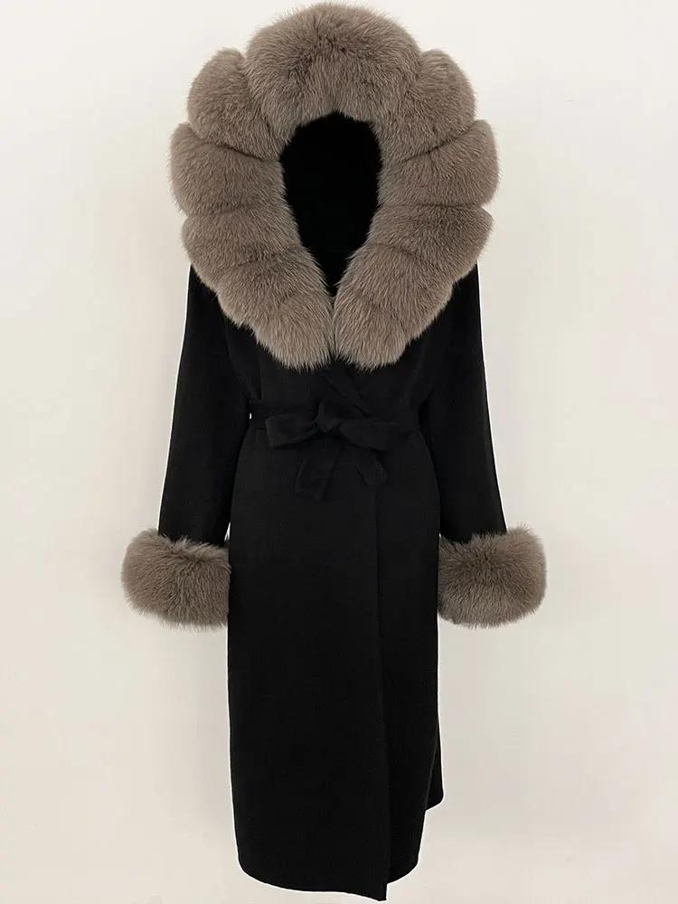 

OFTBUY Зимнее женское пальто из натурального лисьего меха с капюшоном и съемным воротником Двусторонняя шерстяная куртка Длинная повседневная элегантная верхняя одежда M