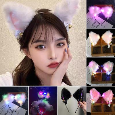 LED Headband with Bell 3-speed Flash Bowknot Design Light-up Plush Glowing Cat Ear Hair Hoop for Party