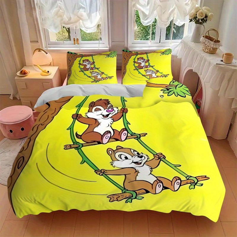 3pcs Chip & Dale on the Swing Pattern Bedding Three-Piece Set (1 Cover + 2 Pillowcases, No Fillings), This Printed Bedding Set Is Soft and Comfor
