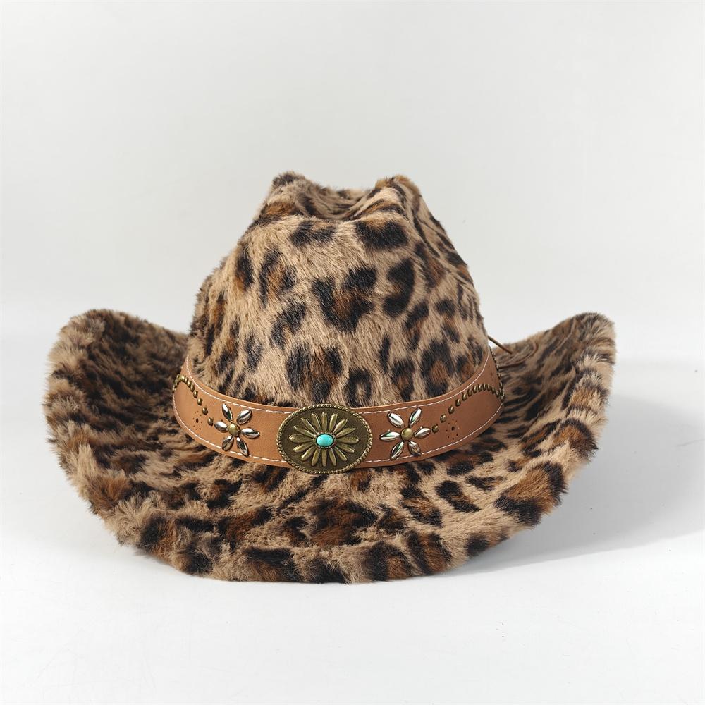 Chapeau de Cowboy en Fourrure de Lapin Imprimé Léopard 7,5 cm Fedora Western Cowboy Chapeau Panama Mode Voyage Fête Chapeau de Cowboy Chaud pour Hommes et Femmes