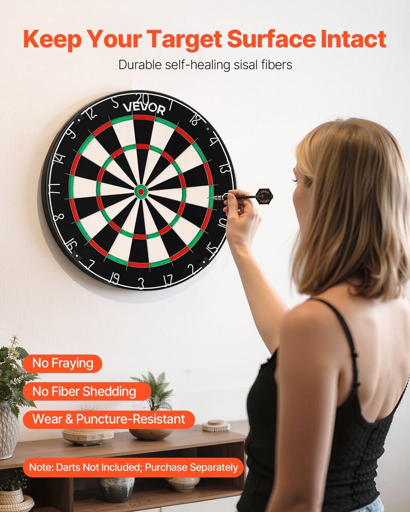Dart Board, High-Grade Self-Healing Sisal Fiber Dartboard with Staple-Free Bullseye, Blade Wire & Rotating Number Ring, 450mm Professional Dartboard