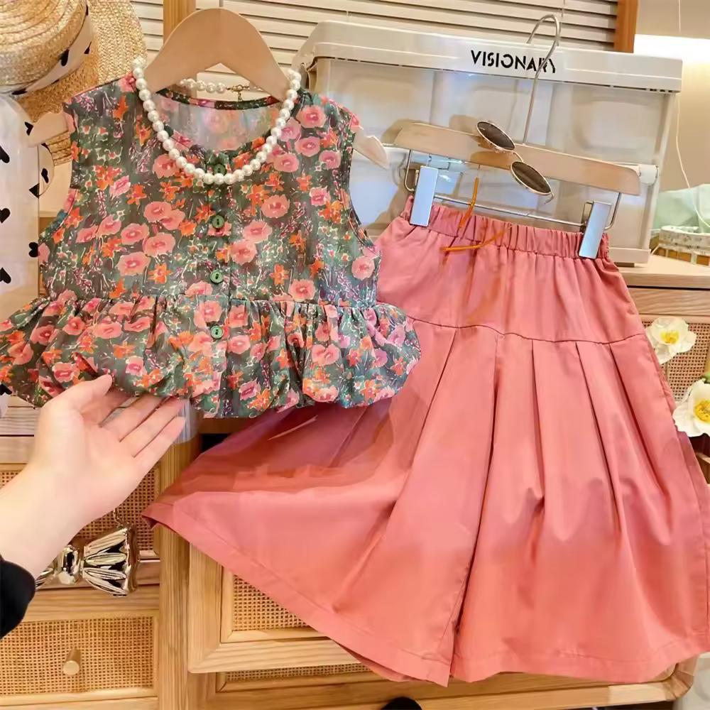 Conjunto de Ropa de Verano para Niñas: Conjunto Fresco de Dos Piezas: Top sin Mangas con Estampado Floral + Pantalones Falda