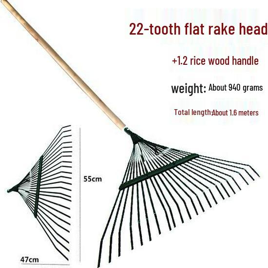 Garden Rake with Long Wooden Handle for Lawn and Leaves