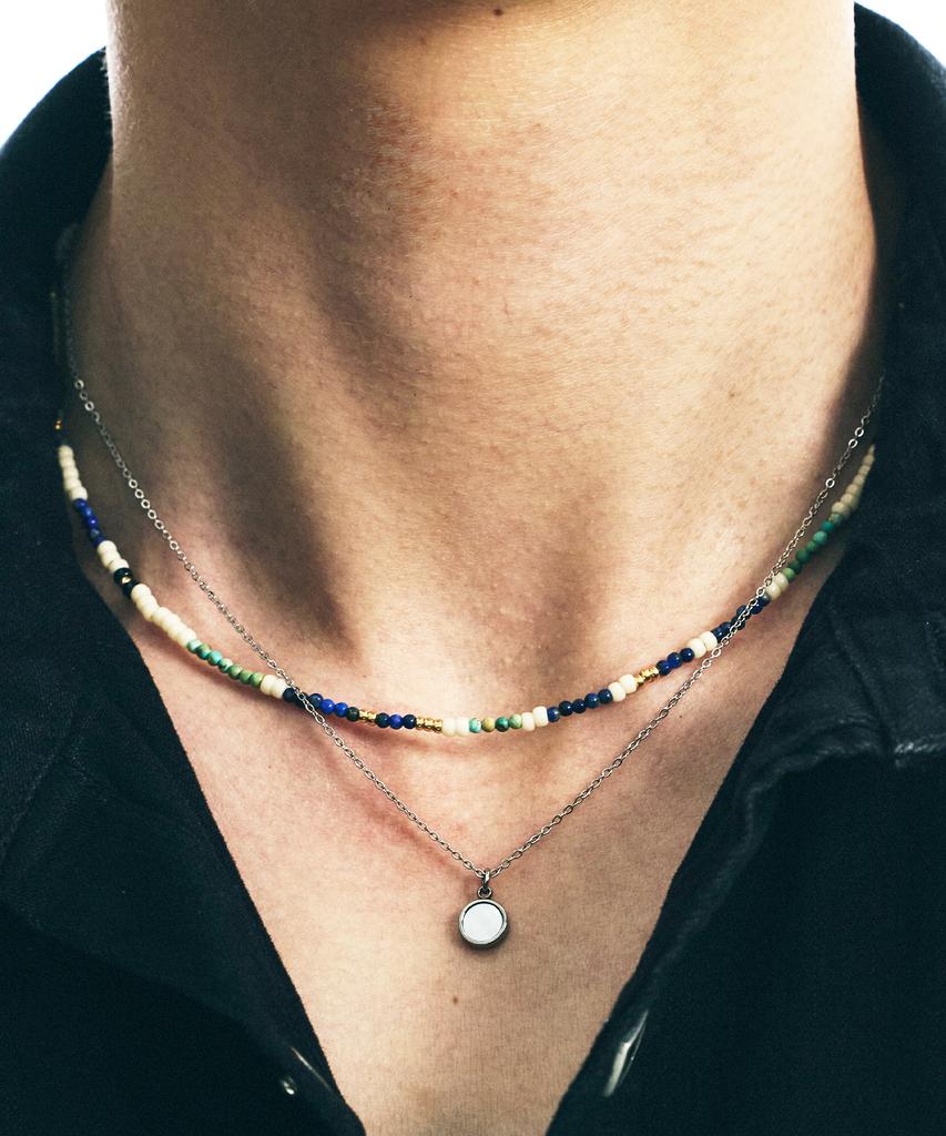 Ssy [Set] Pistachio Stone Necklace & Onyx Pendant Necklace