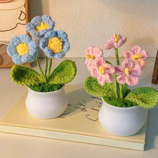 Håndheklet Blomster Håndlaget Liljekonvall Plante Ferdig Heklet Potte Solsikke Kunstig Forglemmegei Blomst for Hjem Skrivebordsdekorasjon