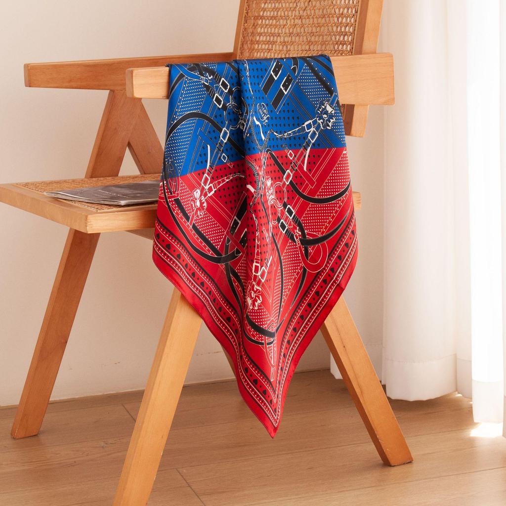 Elegant Autumn Red & Blue Patchwork Mulberry Silk Scarf - Versatile Women's Fashion Accessory