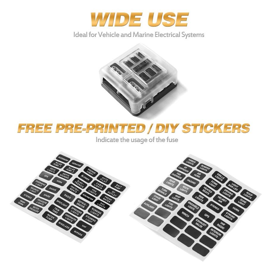 6 Way Fuse Box Block Holder LED Indicator + Sticker For Car Bus Boat Marine