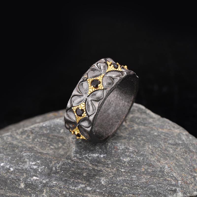 Retro Black Gold Men's Ring-inlaid with Black Zircon Stone Retro Punk Finger Ring Men's Party Jewelry Gift
