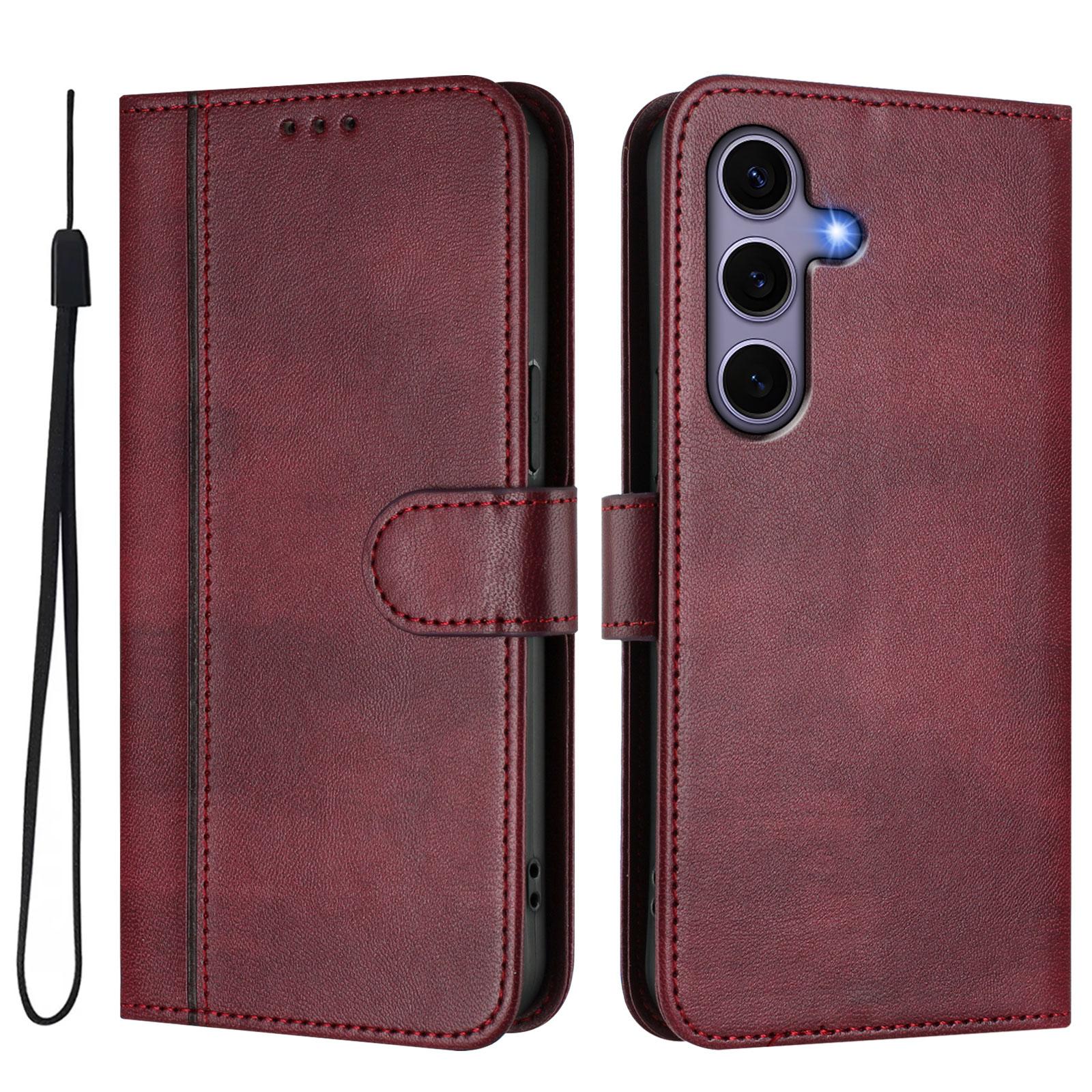 

For Samsung Galaxy S24 Cases Wallet Stand Retro Texture Leather Phone Cover with Lanyard Wine Red