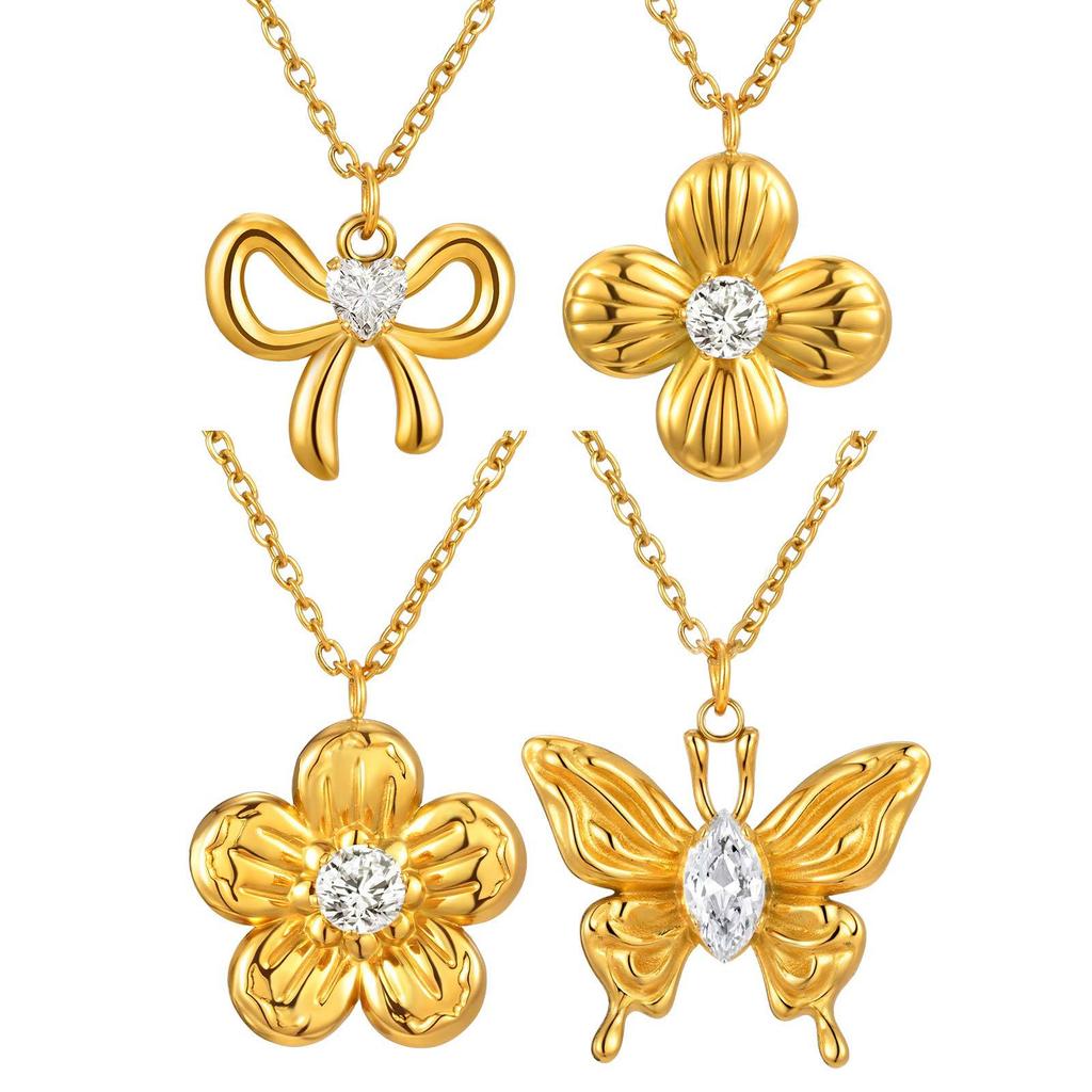 Wind Sweet Girl Stainless Steel Shiny Zircon Bow Flower Necklace Plated 18K Gold Nc-2380