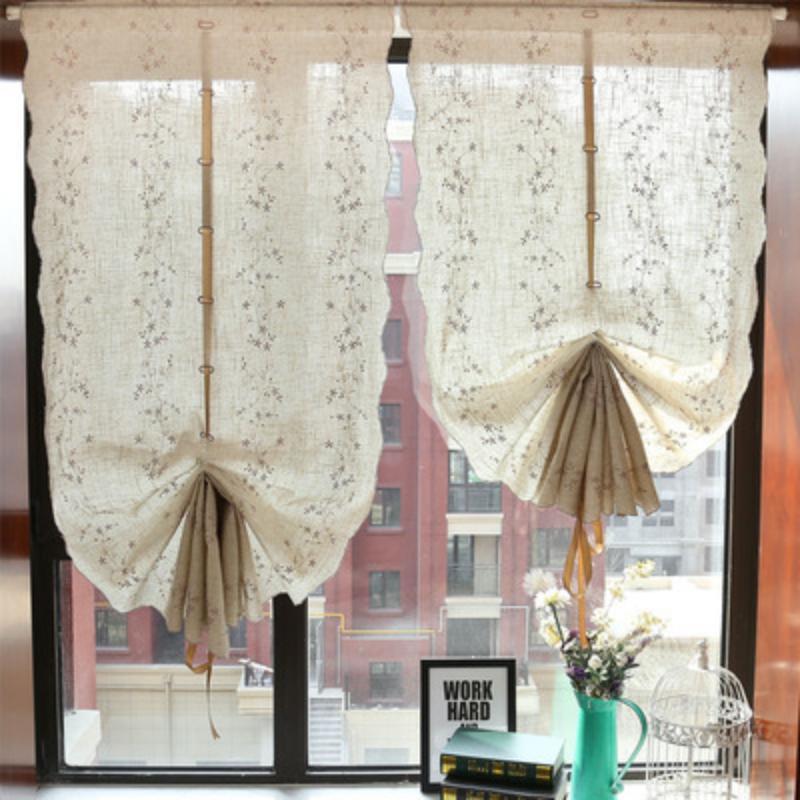 Retro Cotton Linen Lace Embroidered Balloon Pull Up Curtain for Living Room Kitchen Threading Rod Short Window